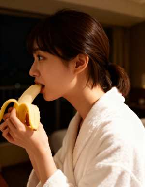 白いバスローブを着た若い女性がバナナを食べる様子を横顔カメラのアングルから写実的に撮...。