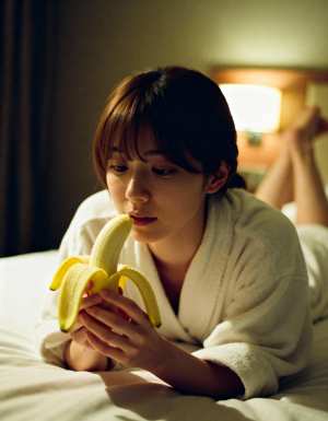 白いバスローブを着た若い女性がベッドに横たわり、バナナをくわえている様子を横から撮影...。