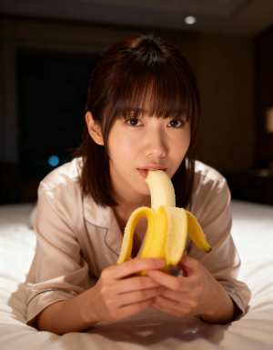 薄暗い部屋でバナナを食べる若い女性をクローズアップ カメラ アングルから写実的に撮影...。