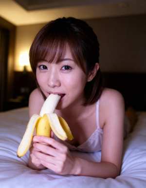 ベッドに横たわり、口の前にバナナを持っている若い女性を正面から写実的に撮影したもの。