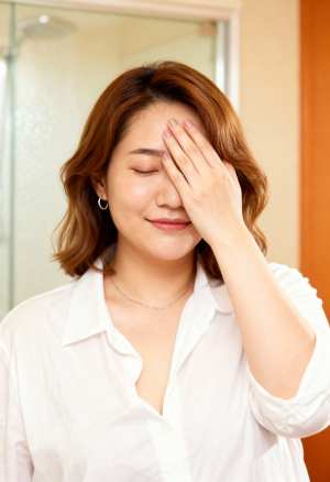 微笑みながら手で目を覆っている女性のポートレートアングルからのクローズアップショット。