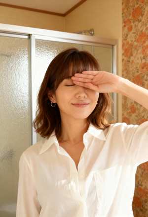 バスルームで敬礼する女性を横顔カメラのアングルから写実的に撮影したもの。