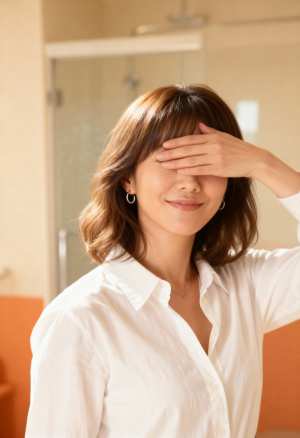 白いボタンダウンシャツを着た女性が右手で目を覆っている様子を、ポートレートカメラのア...。