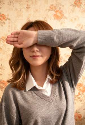 白い襟付きシャツにグレーのセーターを着た若い女性が右手で目を覆っている、正面カメラの...。