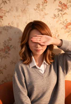 花柄の壁紙の前でソファに座り、手で目を覆っている女性を正面から撮影した写実的なポートレート。