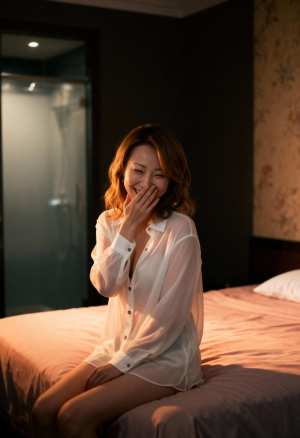 薄暗い部屋でベッドに座り、薄手の白いシャツを着た若い女性を正面から写実的に撮影した写真。