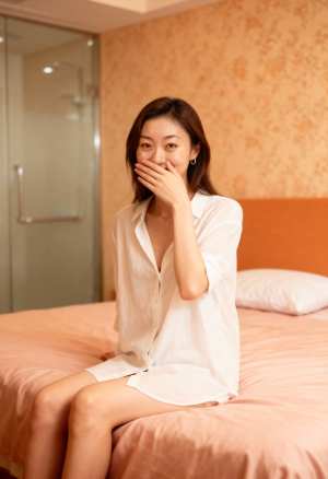 ホテルの部屋のベッドに座り、手で口を覆い、中立的な表情でカメラを直接見つめている若い...。