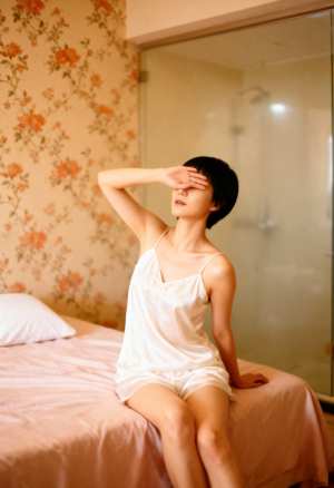 右手で目を覆い、瞑想的な表情でベッドに座っている若い女性を横から撮影した写実的な写真。