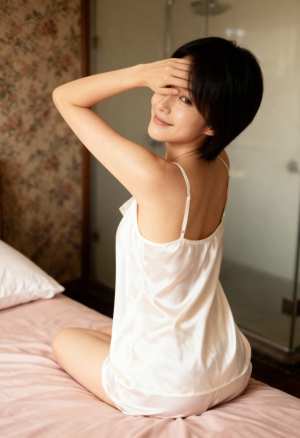 白いシルクのキャミソールとそれに合わせたショートパンツを着て、ベッドに座り、お茶目な...。