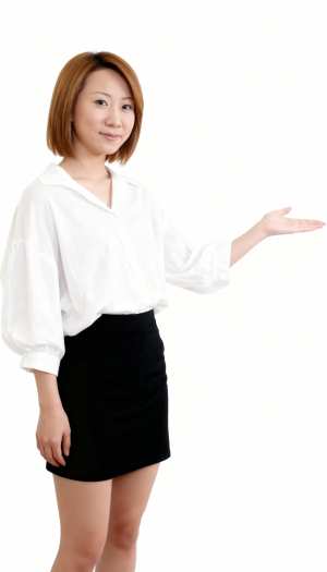 画像の中央に立ち、フレンドリーな表情で何かを差し出す若いアジア人女性を全身カメラのア...。