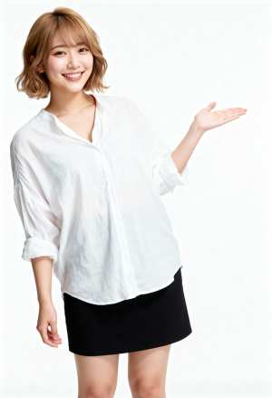 フレームの中央に立ち、フレンドリーな笑顔で何かを提示する若いアジア人女性の、全身カメ...。