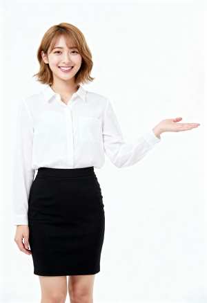 画像の中央に立って笑顔で何かを差し出すアジア系の若い女性を、正面カメラのアングルから...。