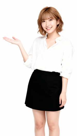 画像の中央に立ち、笑顔で何かを差し出す若い女性を正面カメラのアングルから撮影した全身...。