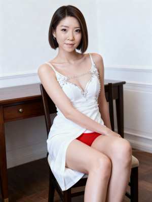 レースのディテールが施された白いドレスを着て、赤いパンティーを履いて木の椅子に座って...。