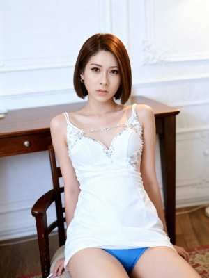 レースのディテールが付いた白いスリップ ドレスと青いパンティーを着て、居心地の良い部...。