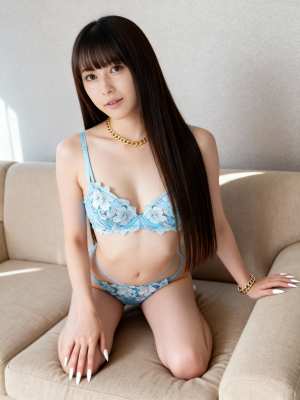 ライトブルーの花柄のランジェリーセットを着てベージュのソファに座っている若い女性を正...。