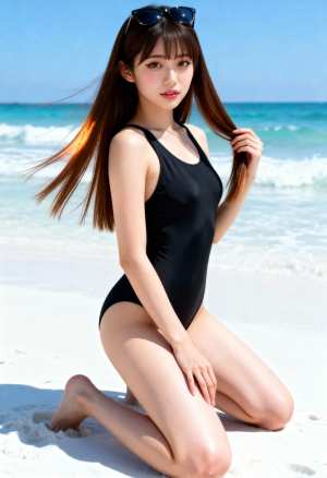 ビーチで黒い水着を着て、頭の上にサングラスをかけてポーズをとる若い女性を横から撮った...。