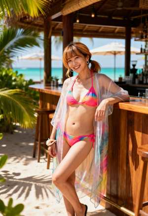 熱帯のビーチのバーに立つ、カラフルなビキニを着た女性を横から撮った写実的な写真。