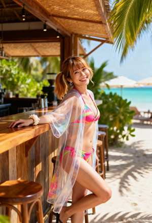 熱帯のビーチのバーに立つ、カラフルなビキニを着た女性を横から撮った写実的な写真。