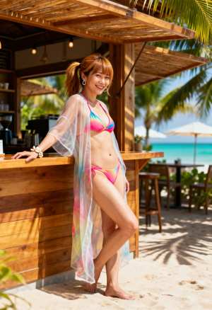 熱帯のビーチのバーに立つ、カラフルなビキニを着た女性を横から撮った写実的な写真。