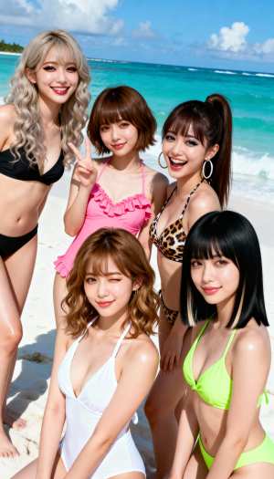 ターコイズブルーの海の波を背景に、熱帯のビーチで一緒にポーズをとる 5 人の若い女性...。