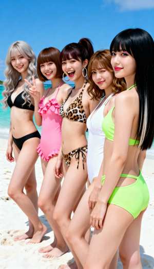 熱帯のビーチで一緒にポーズをとり、カラフルな水着を着てカメラに向かって微笑む 5 人...。