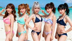 ターコイズブルーの海と澄んだ青い空を背景に、ビーチで水着姿でポーズをとる 5 人の若...。