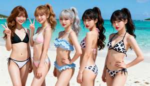 ターコイズブルーの海と澄んだ青い空を背景に、熱帯のビーチで一緒にポーズをとるビキニ姿...。