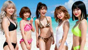 ビーチに一緒に立ち、ターコイズブルーの海と澄んだ青い空を背景に、明るく晴れた日に写真...。