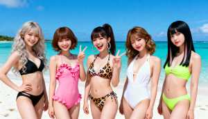 ターコイズブルーの海と澄んだ青い空を背景に、熱帯のビーチに一緒に立っている 5 人の...。