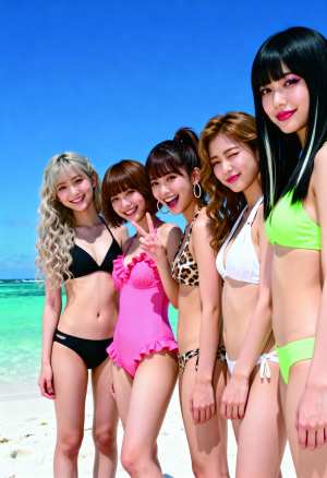 5 人の若い女性のグループがビーチに一緒に立ち、明るく晴れた日に、澄んだ青い空とター...。