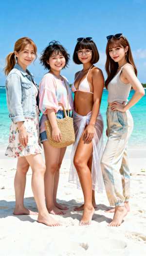 ターコイズブルーの海と澄んだ青い空を背景に、熱帯のビーチに一緒に立っている 4 人の...。