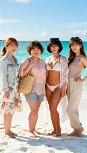 ターコイズブルーの海を背景に、晴れたビーチに一緒に立っている 4 人の若い女性を正面...。