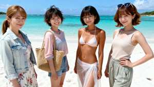 ターコイズブルーの海と澄んだ空を背景に、熱帯のビーチに一緒に立っている 4 人の若い...。