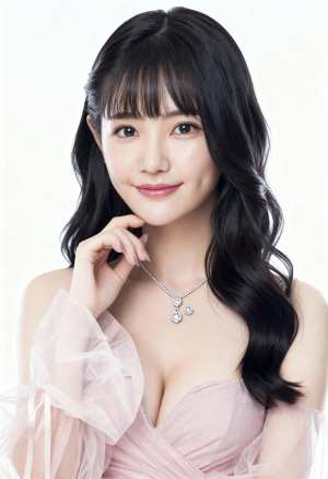 ウェーブのかかった長い黒髪と白い肌を持ち、薄手の袖が付いた繊細な淡いピンクのドレスと...。