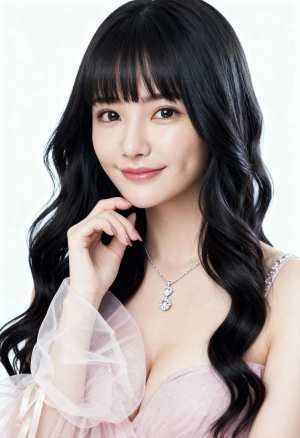 ウェーブのかかった長い黒髪と前髪を持ち、薄手の袖が付いた繊細なピンクのドレスとダイヤ...。