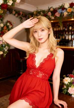 花とバーを背景にした居心地の良い屋内環境で、赤いレースのナイトガウンを着て片手で敬礼...。