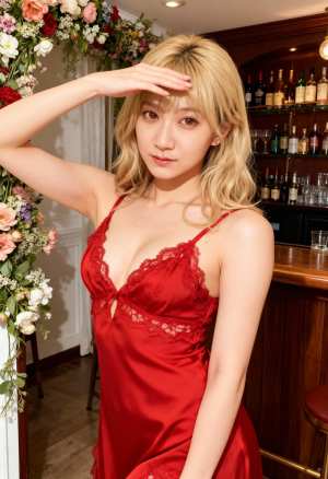 レースのトリムが付いた赤いサテンのナイトガウンを着て、花のアーチを後ろに控えた薄暗い...。