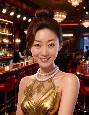 ポートレートカメラの角度から撮影された、豪華なバーの雰囲気の若いアジア人女性の写実的...。