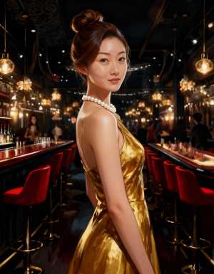 首に真珠が付いた金色のドレスを着て、薄暗いバーの真ん中に立つ若い女性の写実的なポートレート。