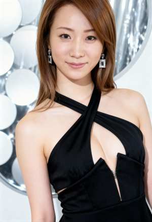 胸の谷間が見える、大きく開いたネックラインの黒いドレスを着た、長い茶色の髪を持つ若い...。