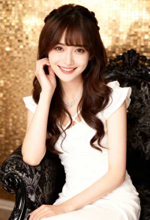 ゴールドのスパンコールの背景の前で、華やかな黒い椅子に座り、袖にフリルが付いた白いド...。