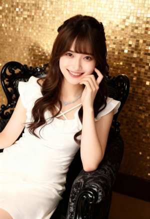 長くウェーブのかかった茶色の髪と前髪を持つ若い女性が、金色のスパンコールの壁を背景に...。