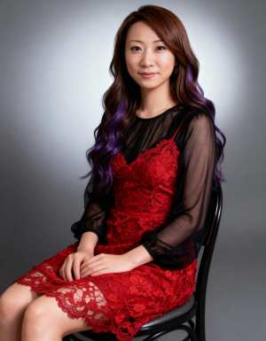 灰色の背景に黒い椅子に座っている、赤いレースのドレスを着た長くウェーブのかかった髪の...。