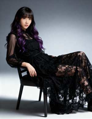 袖が透けた黒いレースのロングドレスを着て椅子に座っている若い女性を横から撮った写実的な写真。