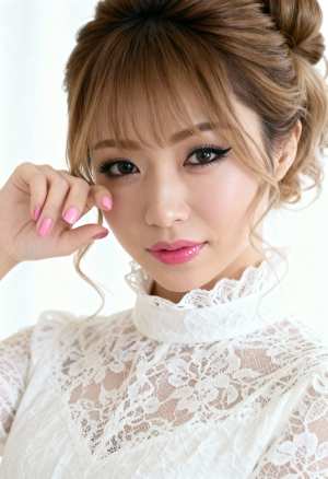 高い襟が付いた白いレースのトップスを着て、ピンクのマニキュアを着た、穏やかな表情とわ...。