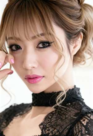 黒いレースのトップと黒いチョーカーを身に着けた、中性的な表情の若い女性のクローズアッ...。