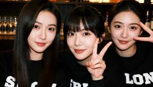 薄暗いバーで、「セーラーガール」という文字がプリントされた黒いスウェットシャツを着て...。