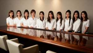 現代の会議室の会議テーブルの後ろに一列に並んだ、白いシャツを着た 9 人の若い女性の...。