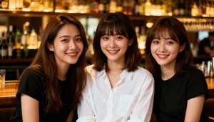 薄暗いバーで座ってカメラに向かって微笑む 3 人の若い女性。